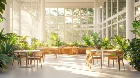 Bright cafe interior with white walls, lush green plants, and warm wooden furniture, surrounded by floor-to-ceiling glass wallsの素材