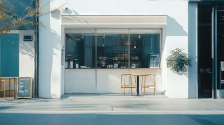 Coffee shop entrance in a busy city area with a whitewashed wall and wide frameless glass panes, capturing the essence of minimalism -の素材