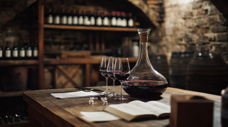 A professional tasting setup in a wine cellar, with wine glasses, decanters, and tasting notes on a wooden tableの素材