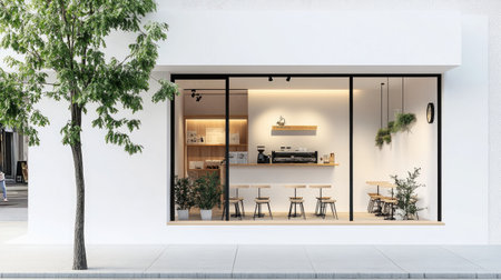 Simple yet elegant coffee shop exterior with white wall and transparent glass windows, creating a calm, refined visualの素材