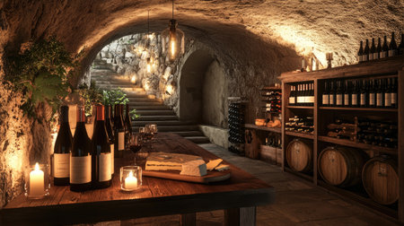 A cozy wine tasting room inside a wine cellar, featuring a wooden table, candles, cheese platter, and open bottles of wineの素材