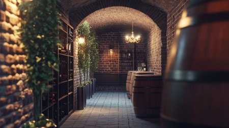 An old wine cellar beneath a vineyard estate, with brick walls and a cool, moody ambianceの素材