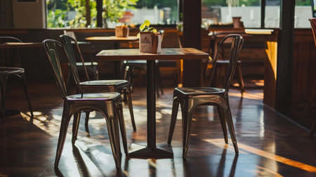 A beautifully lit coffeehouse with a rustic-modern theme, polished floors, matte metal chairs, and handcrafted wood tablesの素材