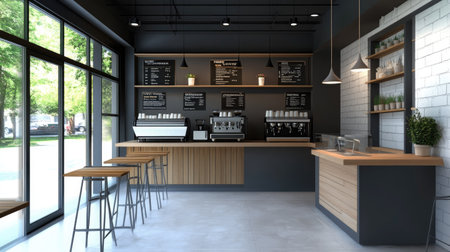 A clean and inviting coffee shop interior blending rustic charm and modern elements, featuring elegant metal-and-wood decorの素材