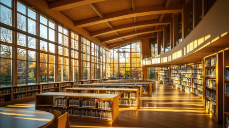 Interior of an empty academic library with curved wood shelves, soaring ceilings, and sun-drenched tablesの素材