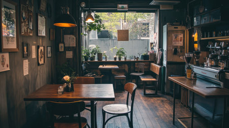 Interior of a cafe with Scandinavian-style design, combining rustic wooden textures and industrial metal furnitureの素材