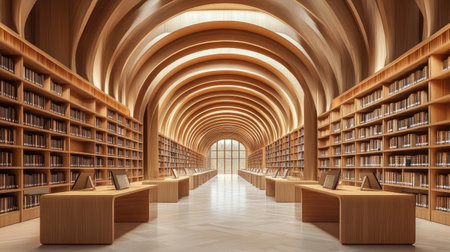 Spacious modern library hall with high arched ceiling, wooden curved shelves, and reading desks arranged in symmetryの素材