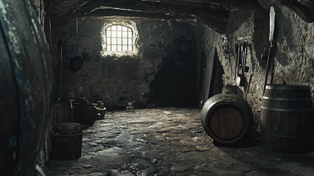 A timeworn cellar with moldy barrels, stone floors, and antique tools hanging on the wallsの素材