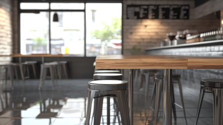 Minimalist rustic-modern cafe design with wooden tabletops, steel stools, and clean, reflective flooringの素材