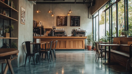 A trendy cafe interior showcasing a mix of raw wood surfaces, black metal chairs, and glossy cement floorsの素材