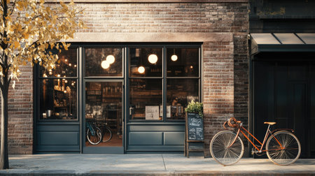 Rustic coffee shop facade with brick walls, hanging lights, and a bicycle parked nearby on a quiet sidewalkの素材