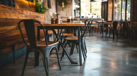 A trendy cafe interior showcasing a mix of raw wood surfaces, black metal chairs, and glossy cement floorsの素材