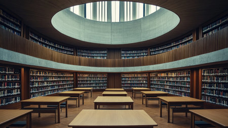 A tranquil large library room featuring organic curved architecture, uniform tables, and rows of untouched booksの素材