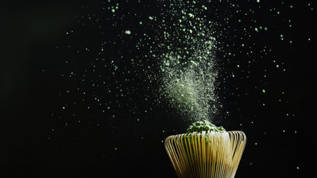 High-speed photo of matcha powder flying upward from bamboo whisk with a dark background for dramatic effectの素材