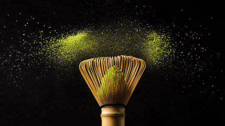Bamboo whisk positioned at center with green matcha powder flying symmetrically outward in fine mist on blackの素材