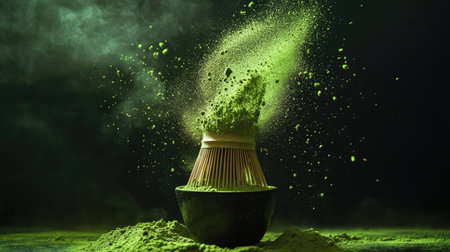 Matcha tea powder explosion from a bamboo whisk, lit with side lighting to emphasize flying green particlesの素材