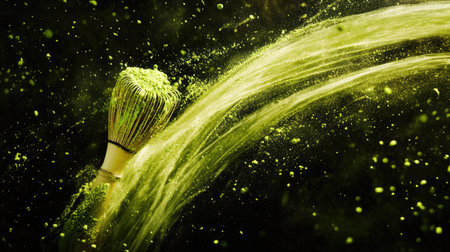 Abstract photo of matcha powder particles flying off a bamboo whisk in a swirl pattern on a deep black stageの素材
