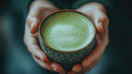 Artful shot of matcha green tea being whisked in a ceramic bowl, hands steady and focus on creamy foam formingの素材