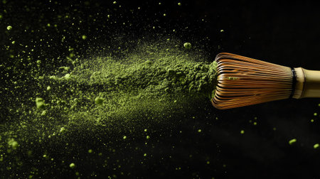 Dramatic side shot of bamboo whisk with matcha powder exploding into the air, rich green contrasting blackの素材