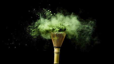 Powerful image of matcha dust erupting around bamboo whisk, green clouds frozen in time on pure blackの素材