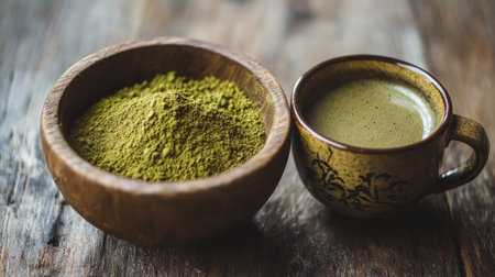 A wooden bowl filled with green tea powder next to a cup of brewed matcha on a rustic wooden tableの素材