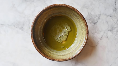 Overhead view of matcha powder slowly dissolving as it's whisked into hot water in a ceramic bowlの素材