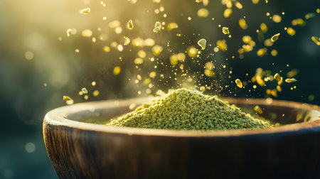 Close-up of finely ground matcha green tea powder in a wooden bowl with particles floating in ambient lightの素材