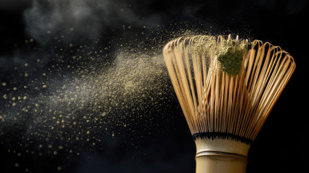 Close-up of bamboo whisk with matcha dust explosion captured mid-air, high contrast on black backgroundの素材