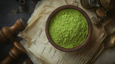 A wooden bowl of vibrant matcha powder beside a handwritten recipe on parchment paper and vintage utensilsの素材