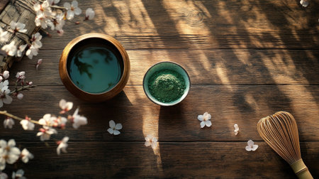 Rustic wooden table scene with green tea powder in a bowl, bamboo whisk, and cherry blossom petals scattered nearbyの素材