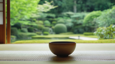 Green tea powder in a traditional wooden bowl on a tatami mat, with a serene Zen garden visible in the distanceの素材