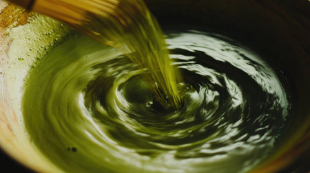 Close-up of the bamboo whisk spinning through rich green matcha, creating froth inside a minimalist bowlの素材