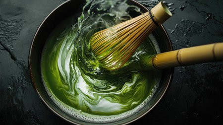 Preparing matcha tea in a bowl with swirling motion of bamboo whisk captured in dynamic overhead shotの素材