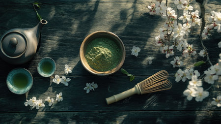 Rustic wooden table scene with green tea powder in a bowl, bamboo whisk, and cherry blossom petals scattered nearbyの素材