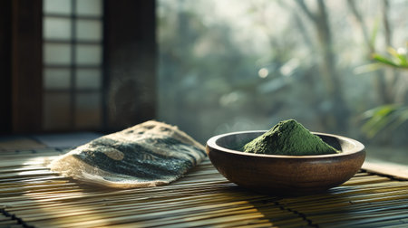 Fresh green tea powder in a rustic wooden bowl placed on a bamboo mat, with soft natural lighting and a minimalist Japanese backgroundの素材