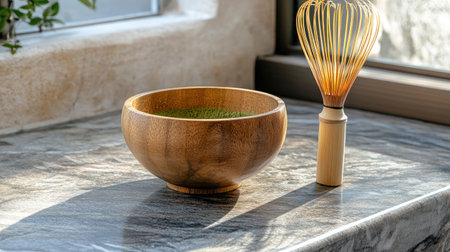 Matcha green tea powder in a handcrafted wooden bowl with a traditional bamboo whisk beside it on a stone countertopの素材