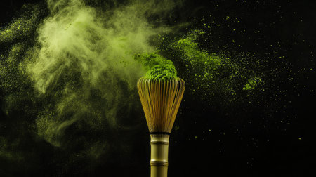 Bamboo whisk dramatically emerging from a green cloud of matcha powder, floating particles highlighted on blackの素材