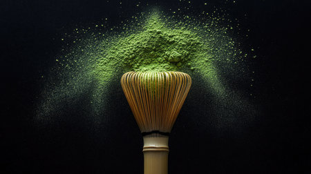Bamboo whisk positioned at center with green matcha powder flying symmetrically outward in fine mist on blackの素材