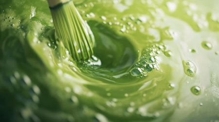 Close-up of bamboo whisk swirling in bright green matcha tea, mid-movement showing foamy textureの素材