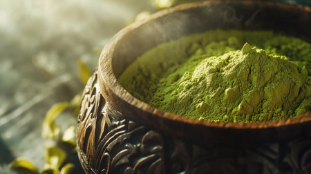Close-up of bright green matcha powder in a carved wooden bowl, emphasizing texture and freshness under natural sunlightの素材