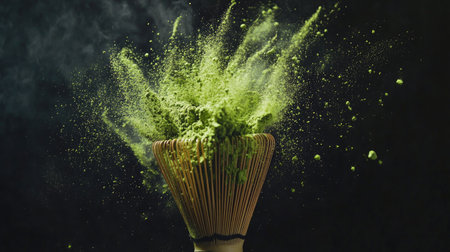 Dramatic side shot of bamboo whisk with matcha powder exploding into the air, rich green contrasting blackの素材