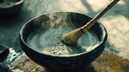 Bamboo whisk beating matcha tea in a ceramic bowl with foam forming on top, sunlight highlighting the greenの素材