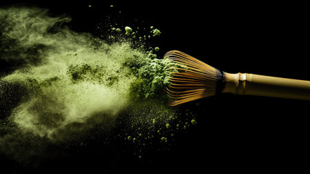 Powerful image of matcha dust erupting around bamboo whisk, green clouds frozen in time on pure blackの素材