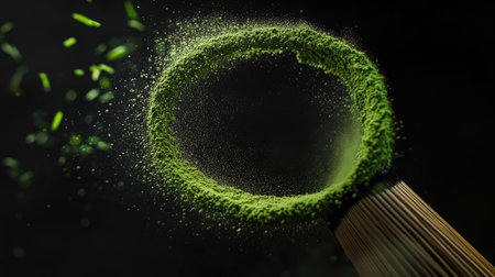 Flying matcha powder forming circular motion around a bamboo whisk, vivid green tones on black backgroundの素材