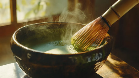 Bamboo whisk beating matcha tea in a ceramic bowl with foam forming on top, sunlight highlighting the greenの素材