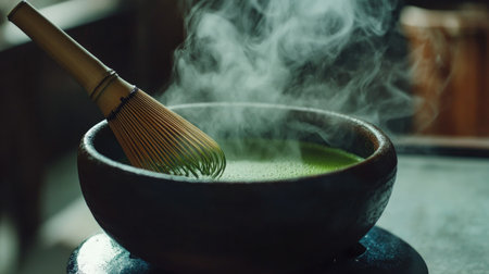 Matcha tea whisked in a clay bowl, steam rising gently as bamboo whisk stirs the thick green blendの素材