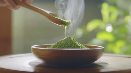 A scoop of green tea powder being poured into a wooden bowl with soft steam rising and blurred background of tea ceremonyの素材