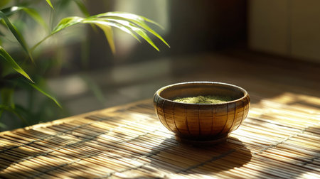 Fresh green tea powder in a rustic wooden bowl placed on a bamboo mat, with soft natural lighting and a minimalist Japanese backgroundの素材