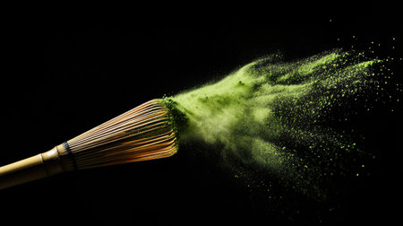 Artistic shot of bamboo whisk enveloped in airborne matcha powder, green haze sharply lit against blackの素材