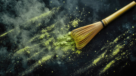 Bamboo whisk with trails of floating green matcha powder, creating a soft, magical effect on black canvasの素材